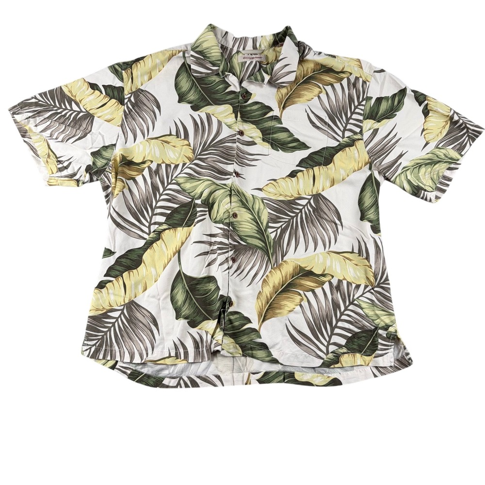Tommy Bahama Shirt Mens 3XB White‎ Green Tropical Silk Button Down Short Sleeve
